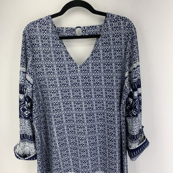 New Directions Womens Large Midi Dress Blue White Cottage Boho Beach Stretch - Picture 3 of 8